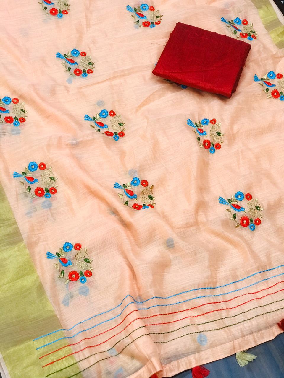 Non Catalog Soft Linen Cotton With Embroidery Work Sarees At...
