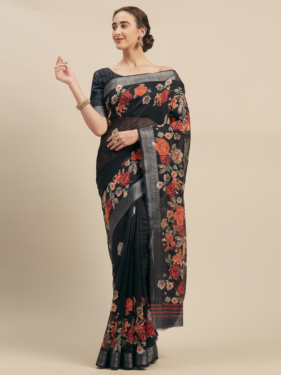 Zinble Floral Printed Linen Cotton Sarees Collection At Whol...