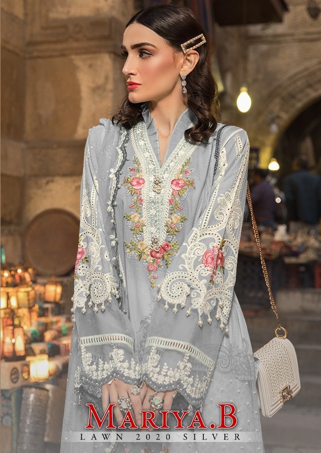 Kaara Suits Maria B Lawn 2020 Silver Pure Cotton With Embroi...