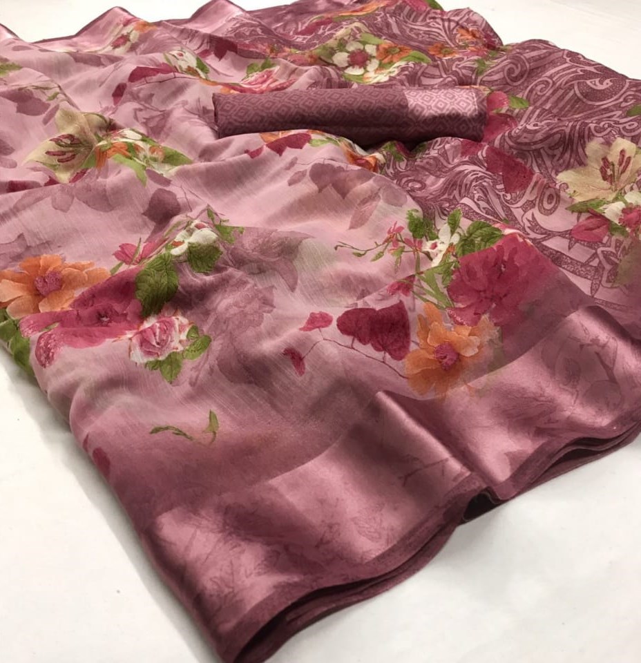 Florence Designer Floral Printed Soft Linen Cotton Sarees Co...