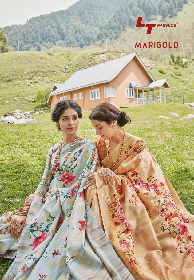 Lt Fabrics Marigold Digital Printed Soft Silk Party Wear Sar...