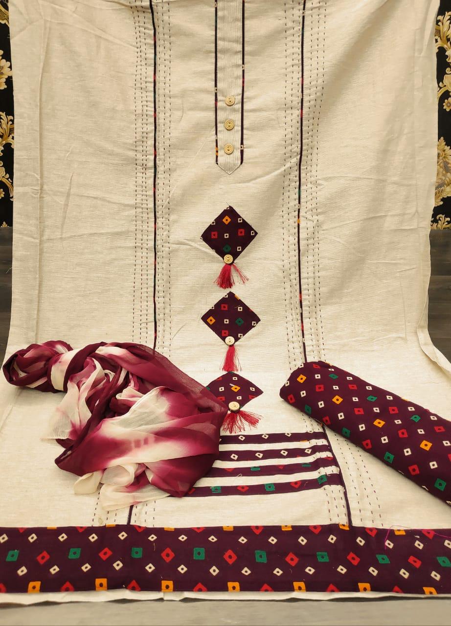 Latest Non Catalog Bandhani Printed Khadi Cotton Dress Mater...