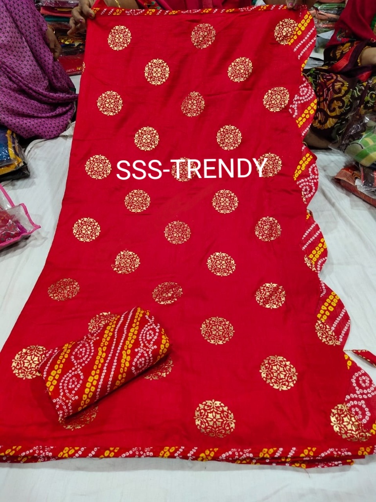 Latest Designer Foil Printed Vichitra Silk With Bandhani Bor...
