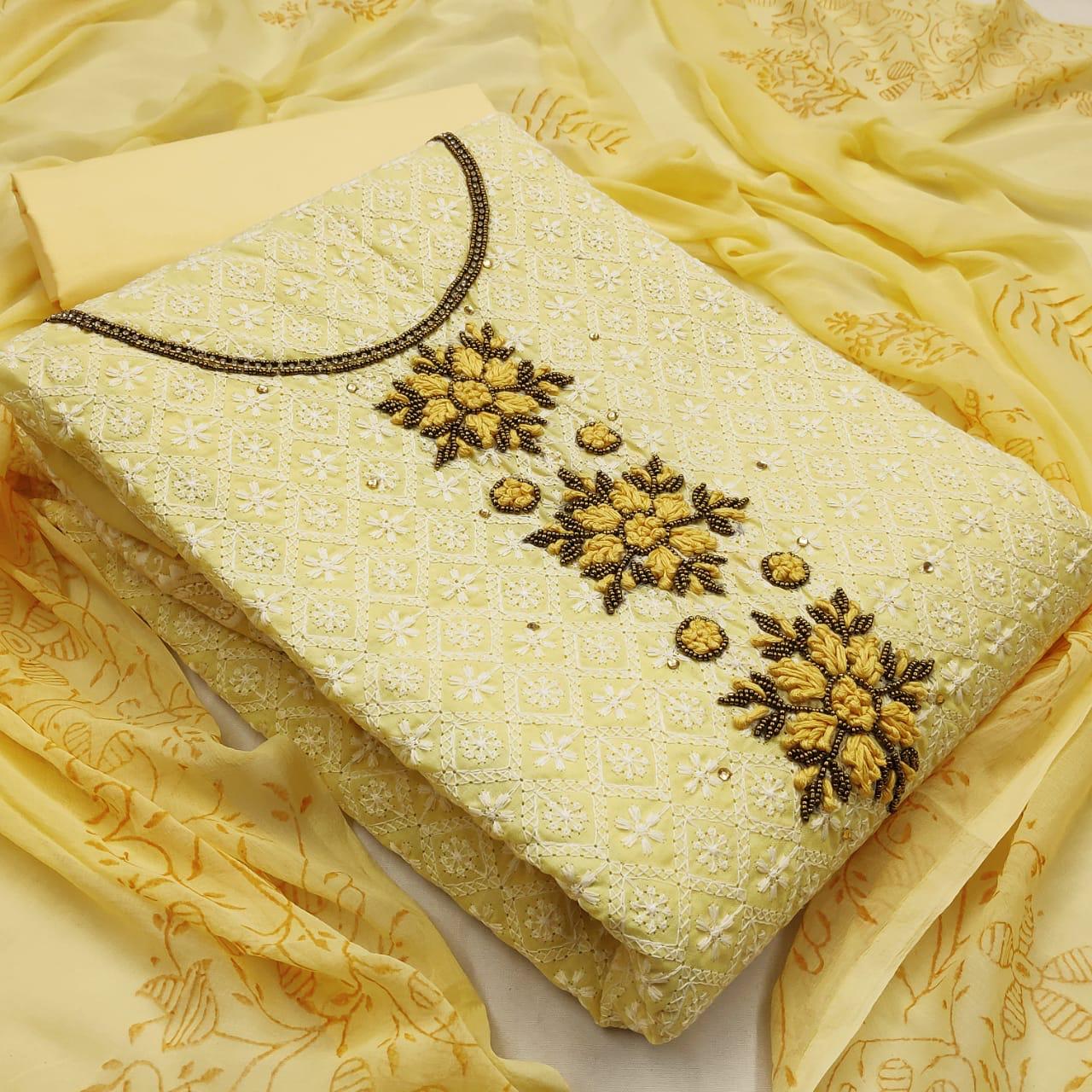 Non Catalog Cotton With Embroidery Khatli Work Dress Materia...