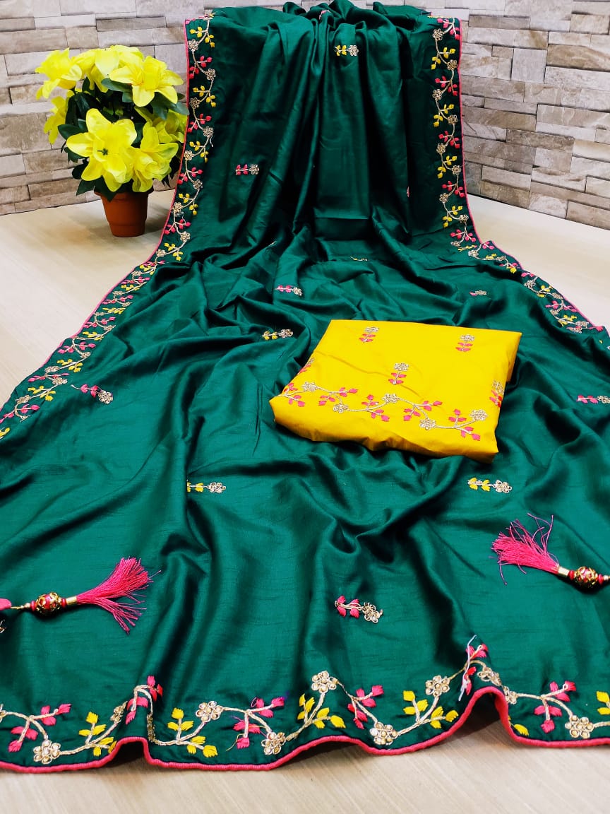 Designer Heavy Dola Silk With Fancy Embroidery Work Sarees C...
