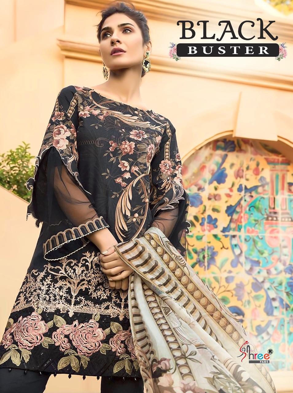 Shree Fabs Black Buster Printed Embroidered Pure Cotton Paki...