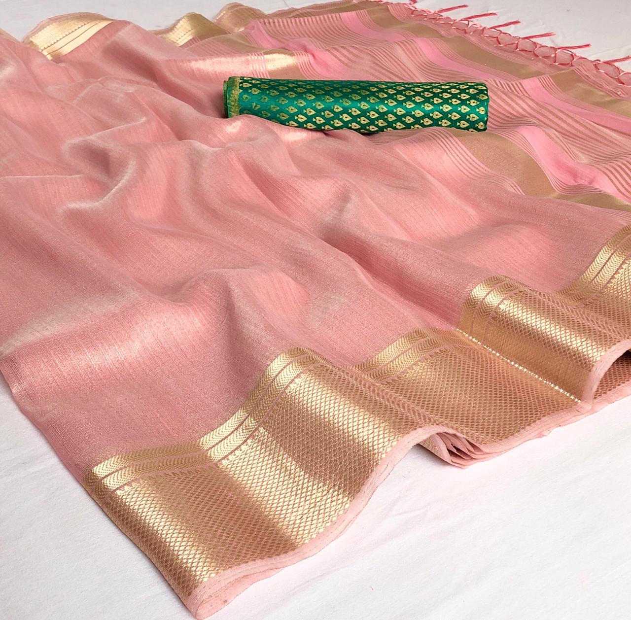 Simaya Silk Designer Plain Soft Tissue Zari With Double Blou...