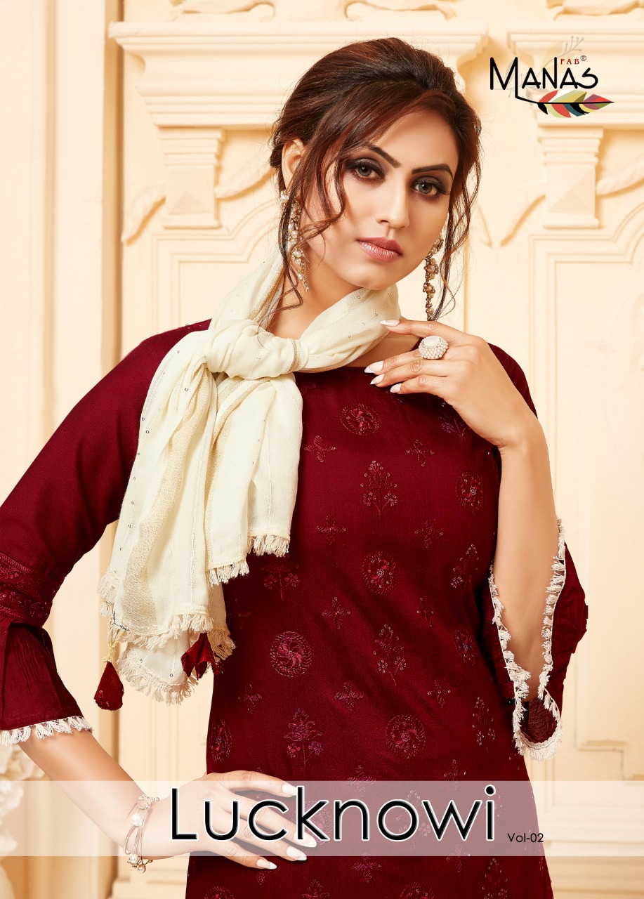 Manas Fab Lucknowi Vol 2 Designer Fancy Fabric Readymade Sui...