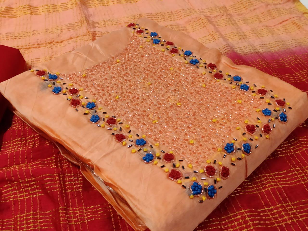 Non Catalog Heavy Chanderi With Khatli Embroidery Work Dress...