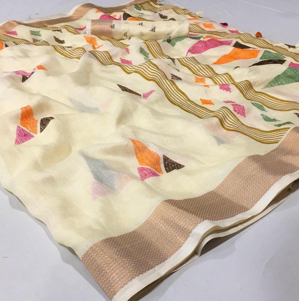 Linen Special Printed Linen Cotton Sarees Collection At Whol...