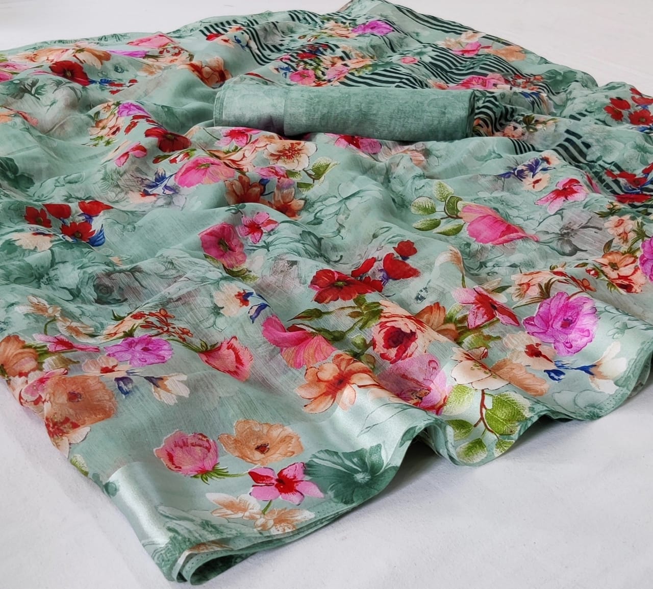 Fiona Silk Floral Printed Linen Silk Cotton With Satin Borde...