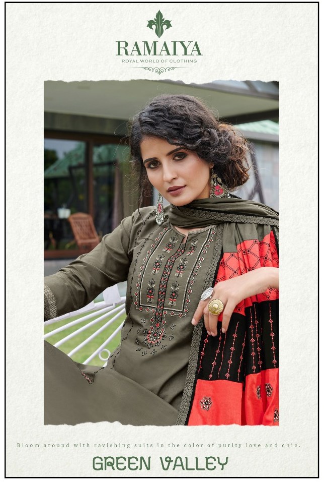 Kessi Fabrics Ramaiya Green Valley Cotton With Embroidery Wo...