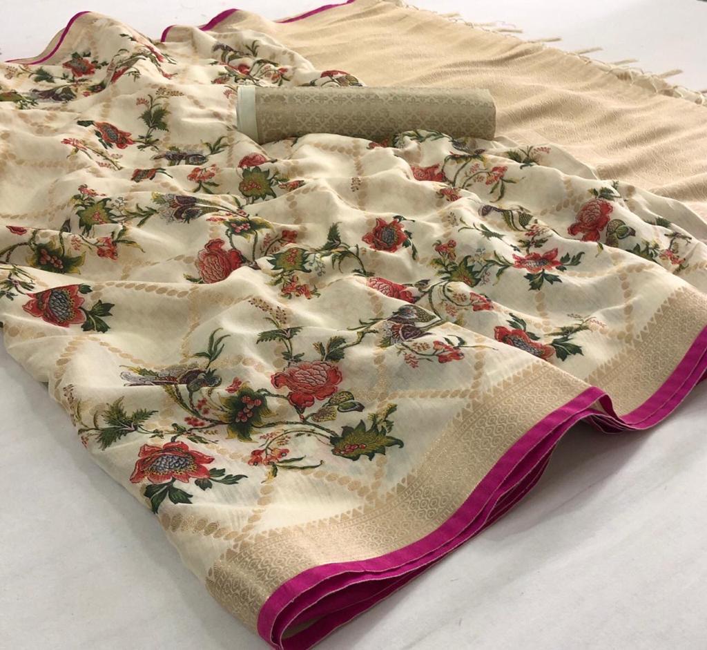 Lt Fabrics Masleen Floral Printed Soft Silk Weaving Rich Pal...