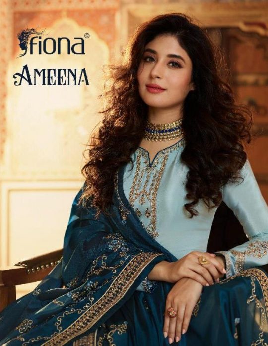Fiona Ameena Designer Satin Muslin With Embroidery Work Dres...
