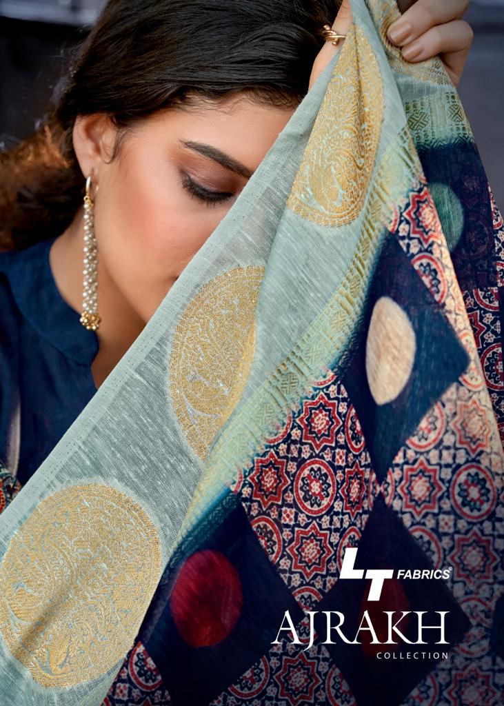 Lt Fabrics Ajrakh Collection Designer Printed Linen Silk Sar...