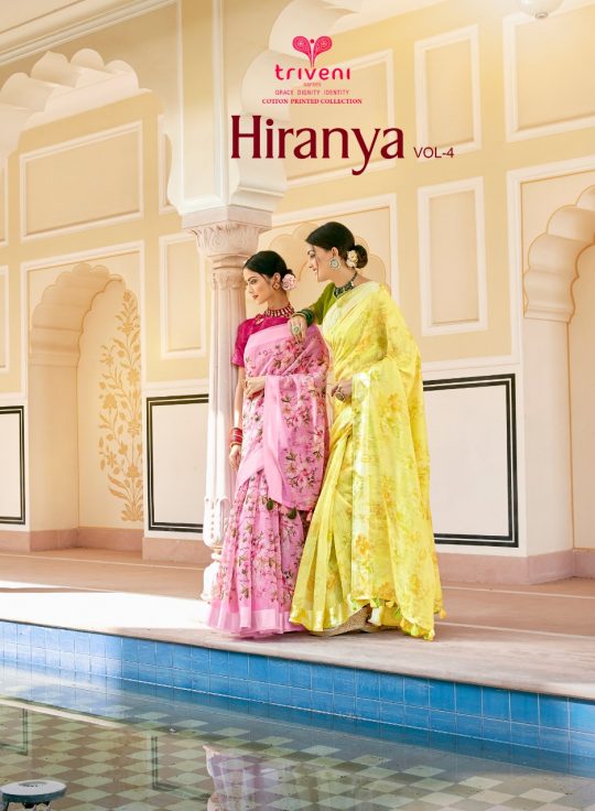Triveni Hiranya Vol 4 Floral Printed Linen Cotton Sarees Col...