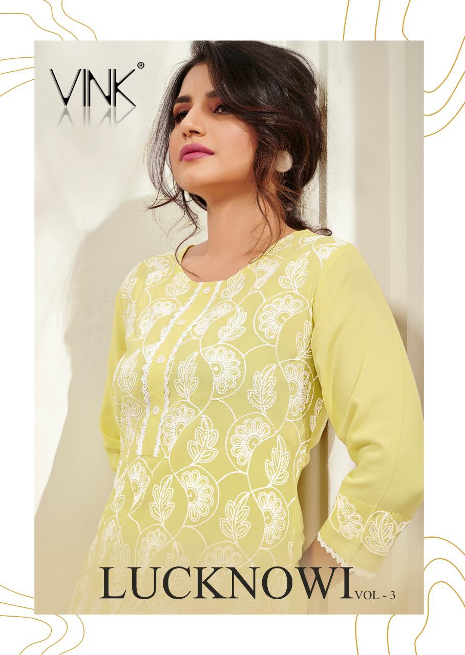 Vink Lucknowi Vol 3 Pure Rayon With Work Readymade Kurtis Wi...