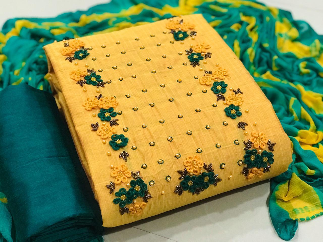 Latest Non Catalog Cotton With Khatli Work Dress Material Co...
