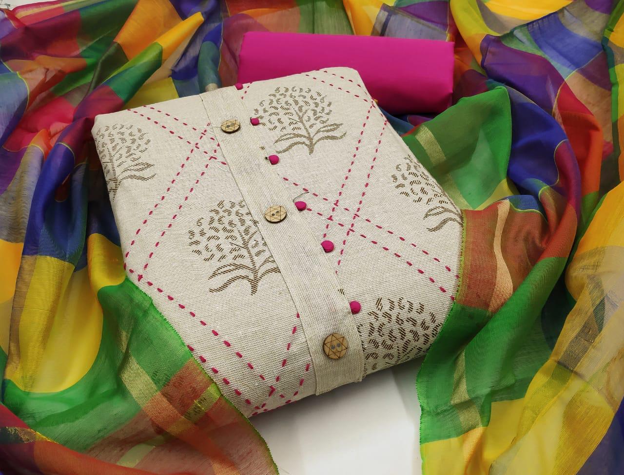 Latest Non Catalog Khadi Cotton With Print Wotk Dress Materi...