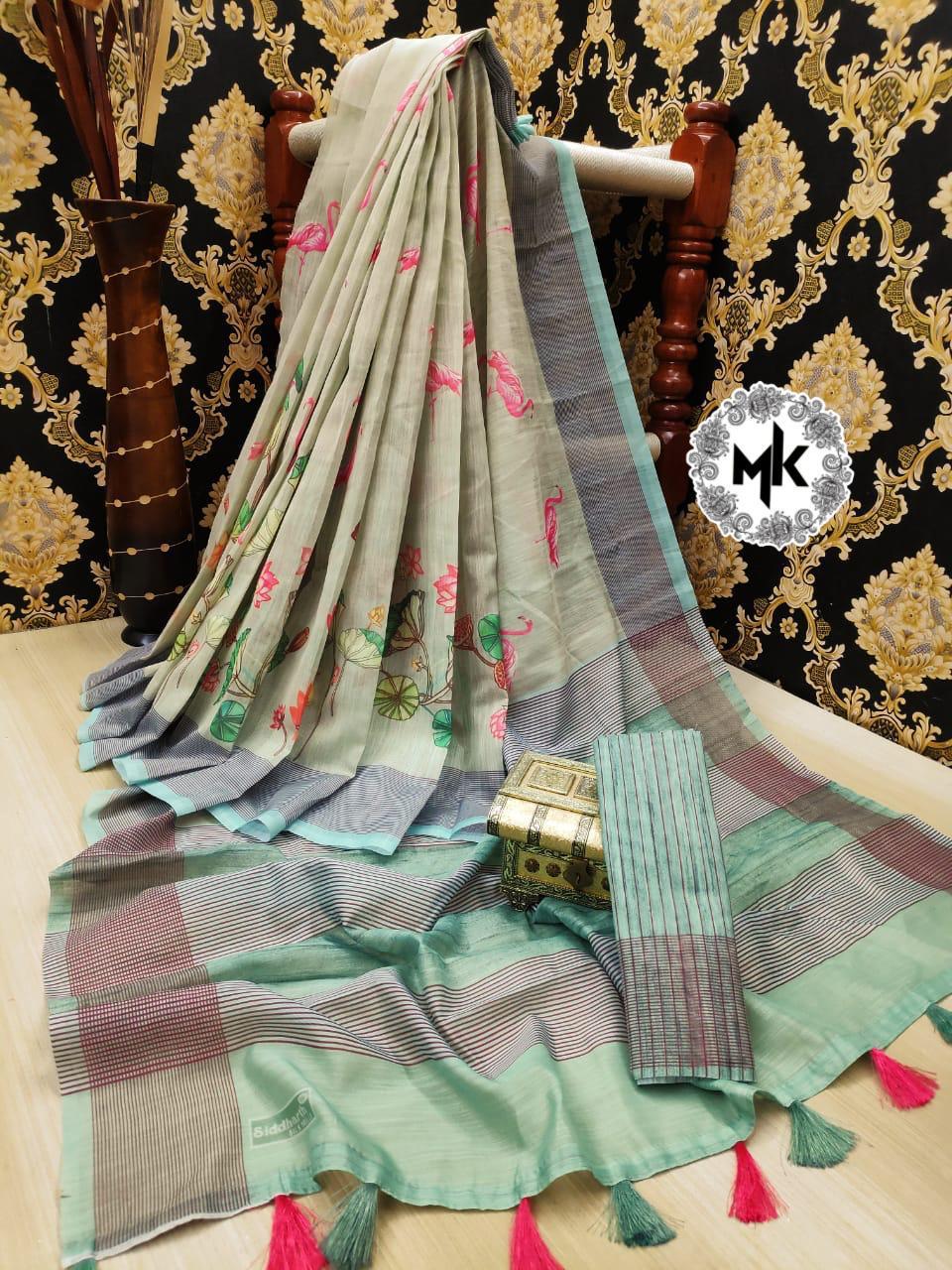 Latest Non Catalog Linen Silk With Digital Printed Sarees Co...