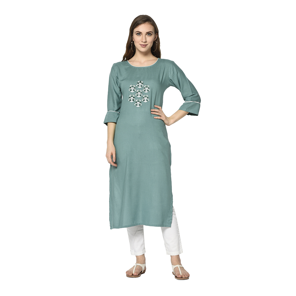 Fabulous Rayon With Embroidery Work Readymade Kurtis At Whol...