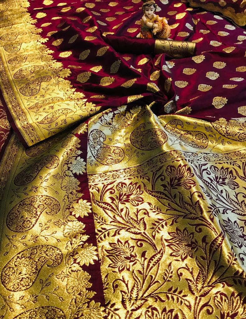 Designer Soft Lichi Silk With Gold Zari Party Wear Sarees Co...