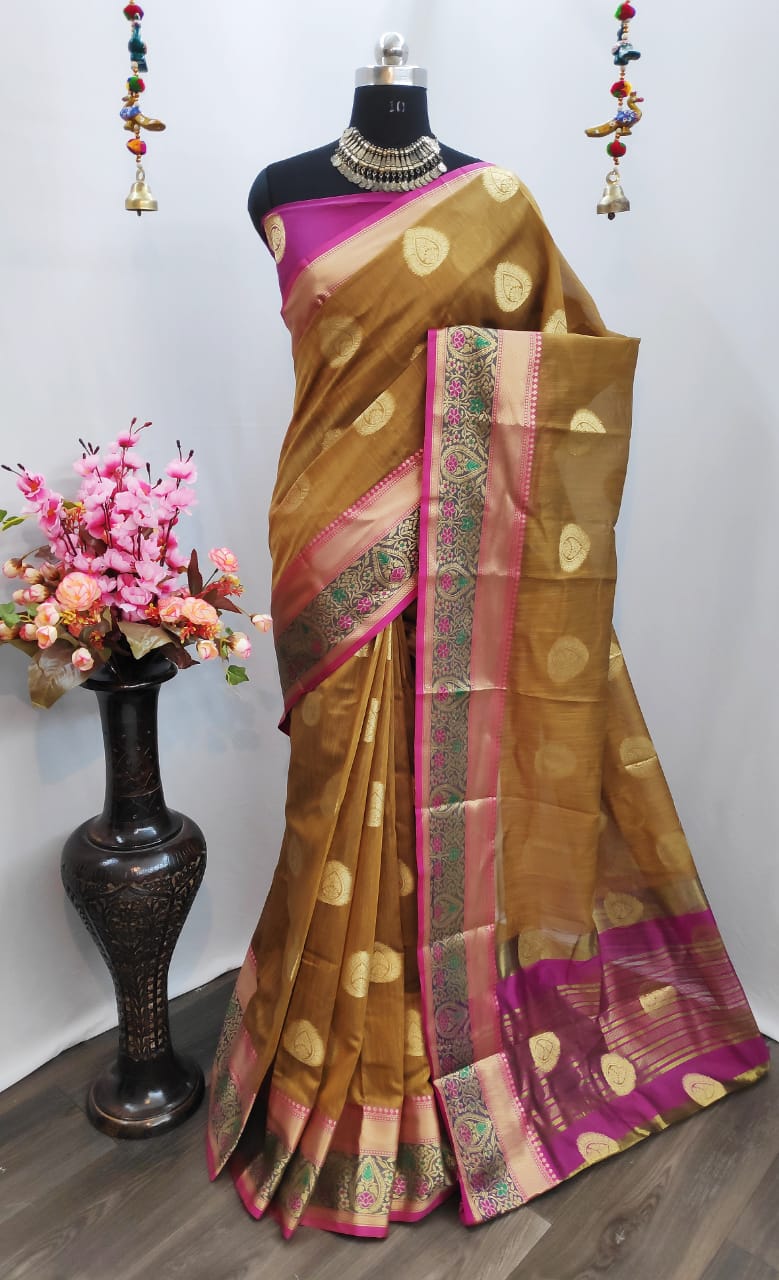 Latest Non Catalog Pure Linen Meena Work With Jacquard Saree...
