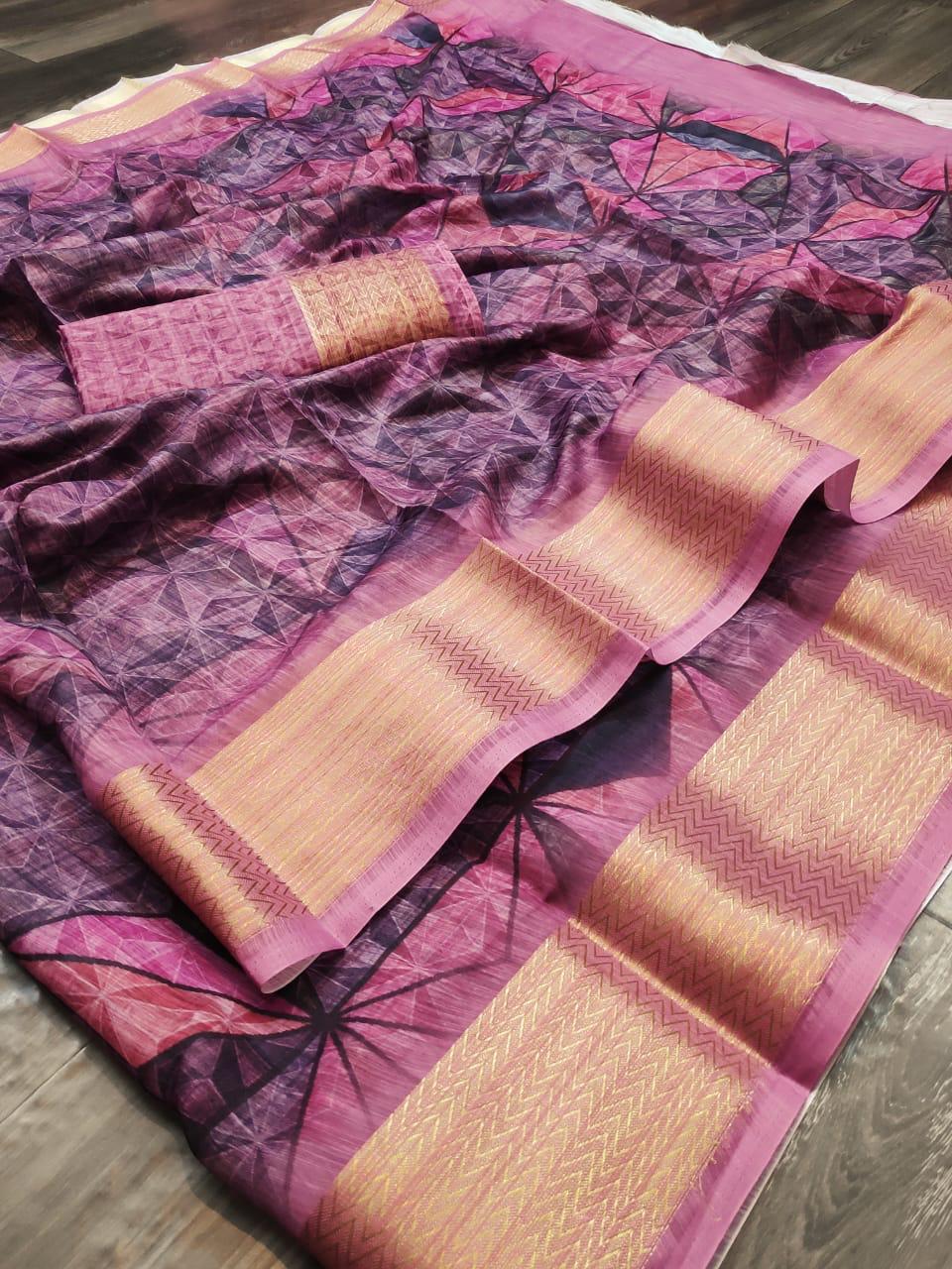 Non Catalog Digital Printed Linen Cotton With Jari Border Sa...