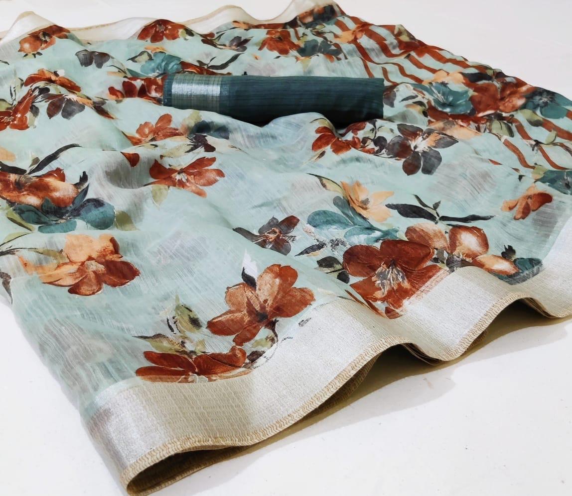 Non Catalog Floral Printed Linen Cotton With Weaving Border ...