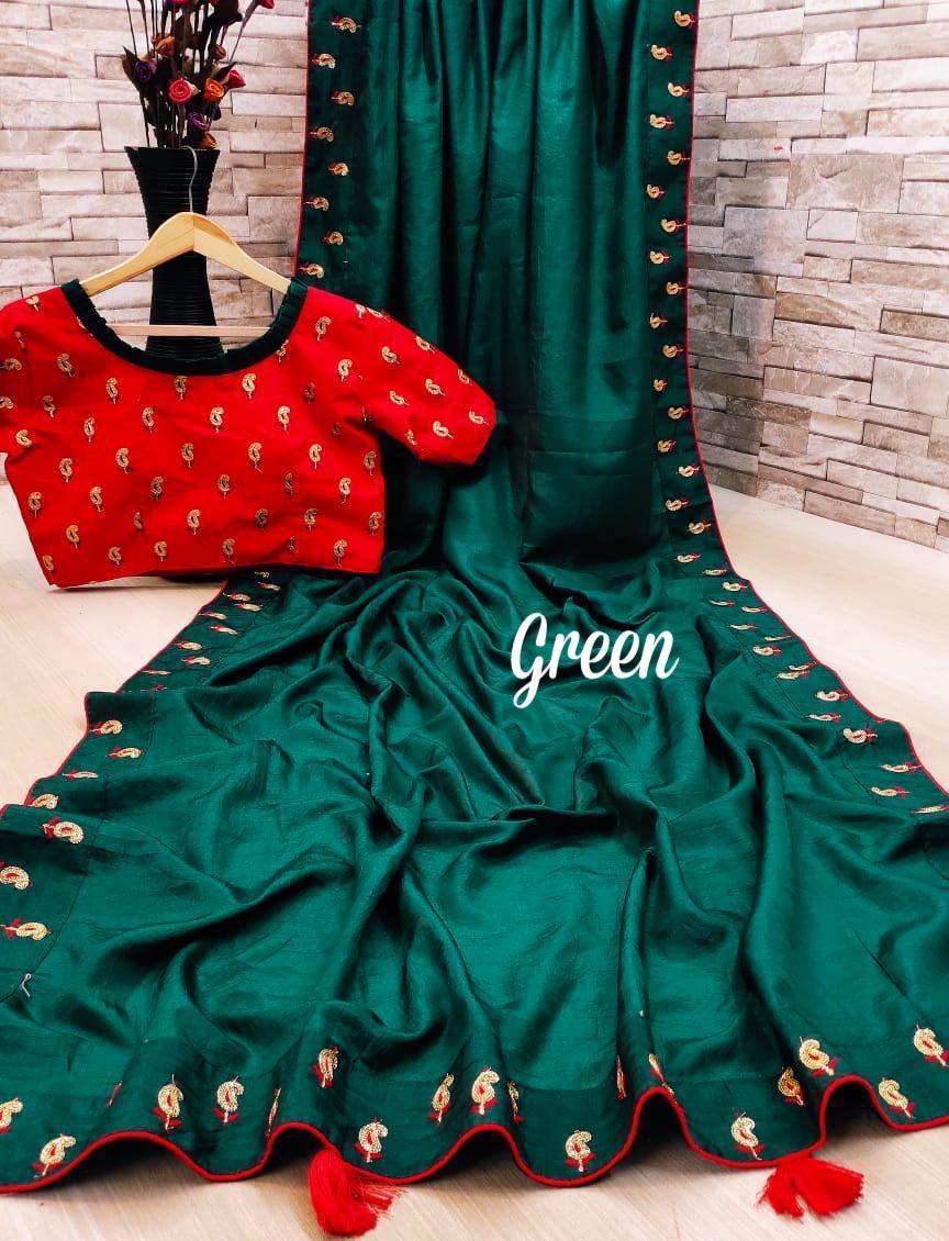 Latest Designer Pure Dola Silk With Work Sarees With Readyma...