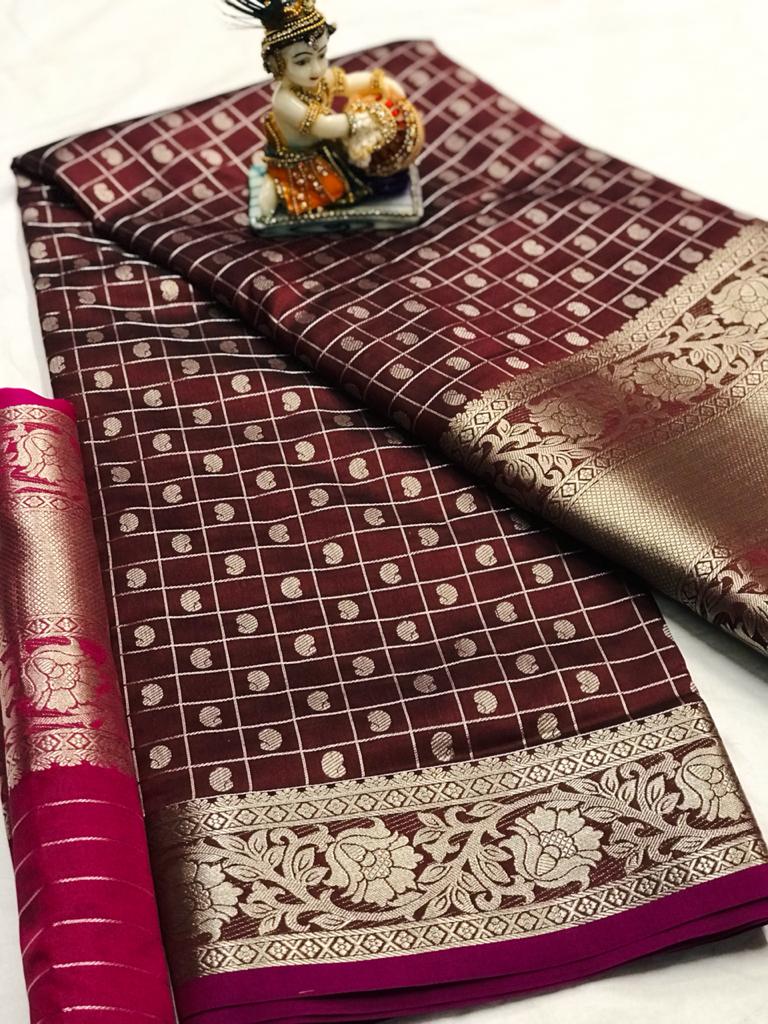 Latest Non Catalog Pure Silk Weaving Checks Party Wear Saree...