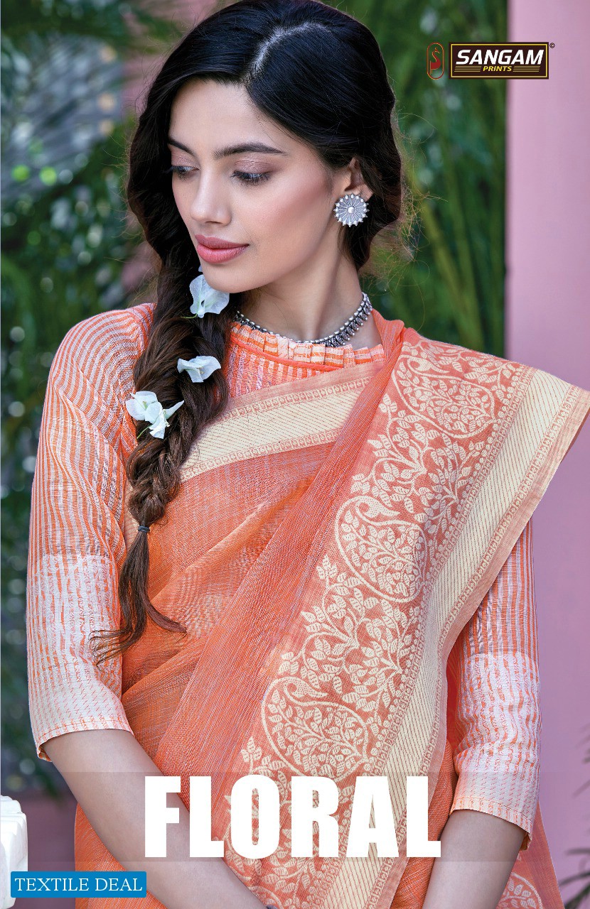 Sangam Prints Floral Handloom Linen Cotton Traditional Saree...