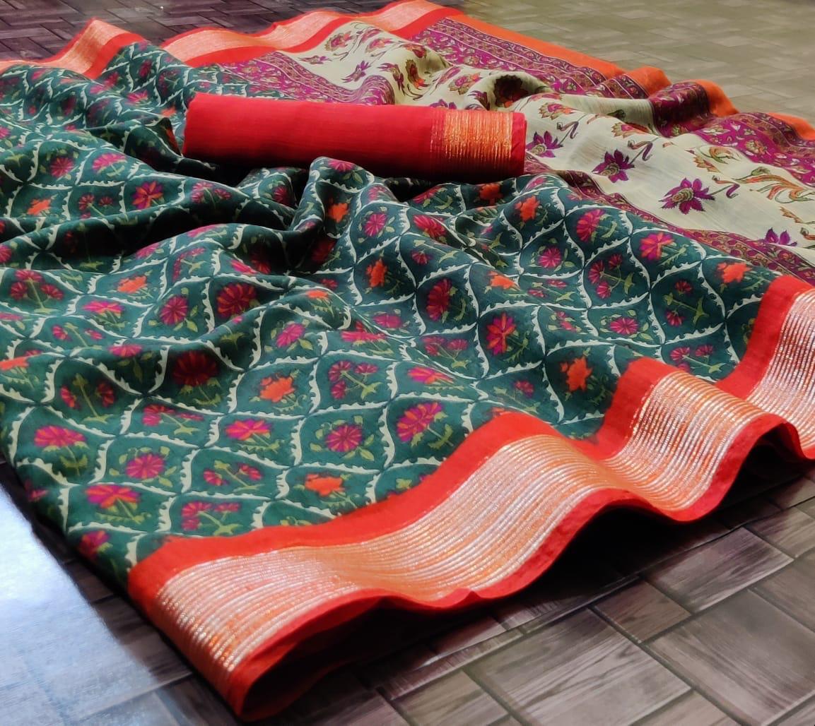 Sargam Printed Soft Cotton Silk With Weaving Border Sarees C...