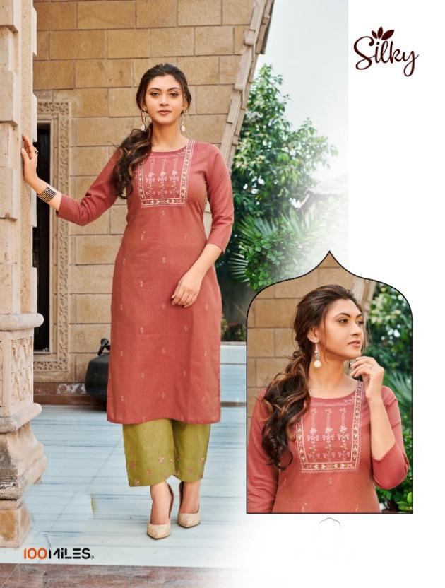 100 Miles Silky Cotton With Embroidery Work Kurti With Pant ...