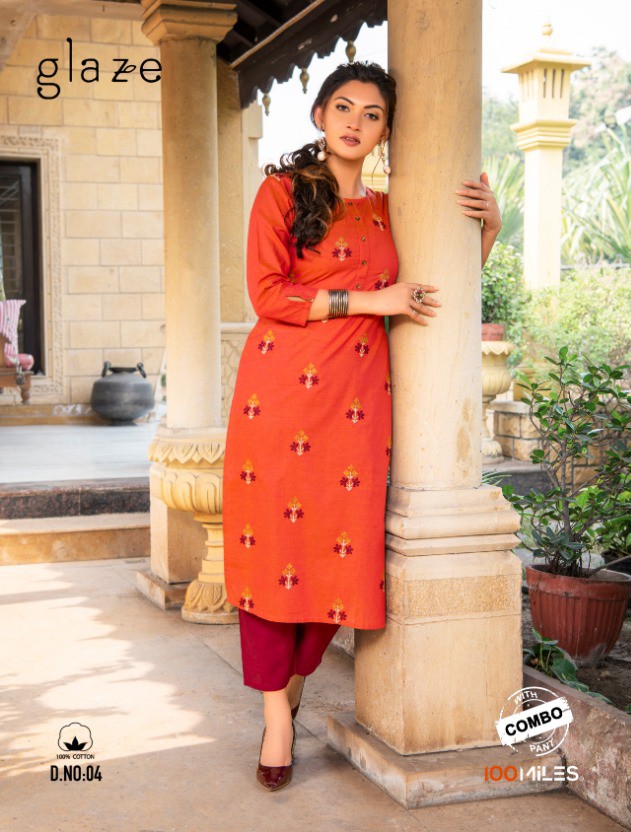 100 Miles Glaze Cotton With Embroidery Work Kurtis With Pant...