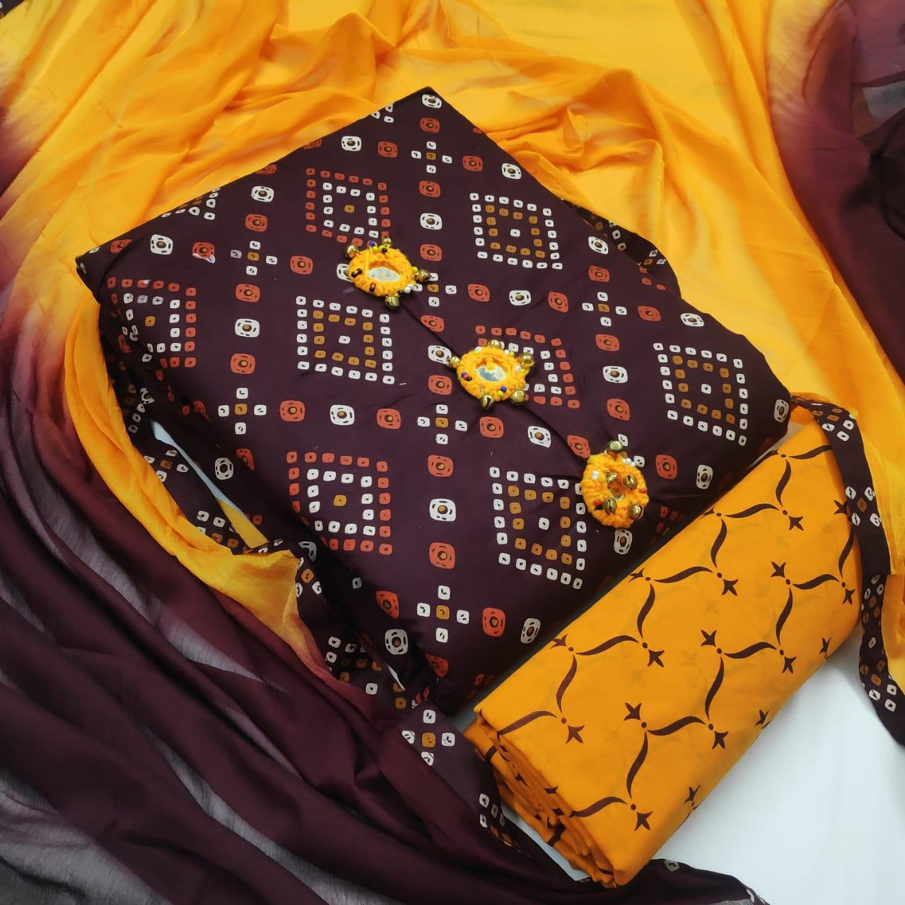 Latest Cambric Cotton Bandhani Printed Regular Wear Dress Ma...
