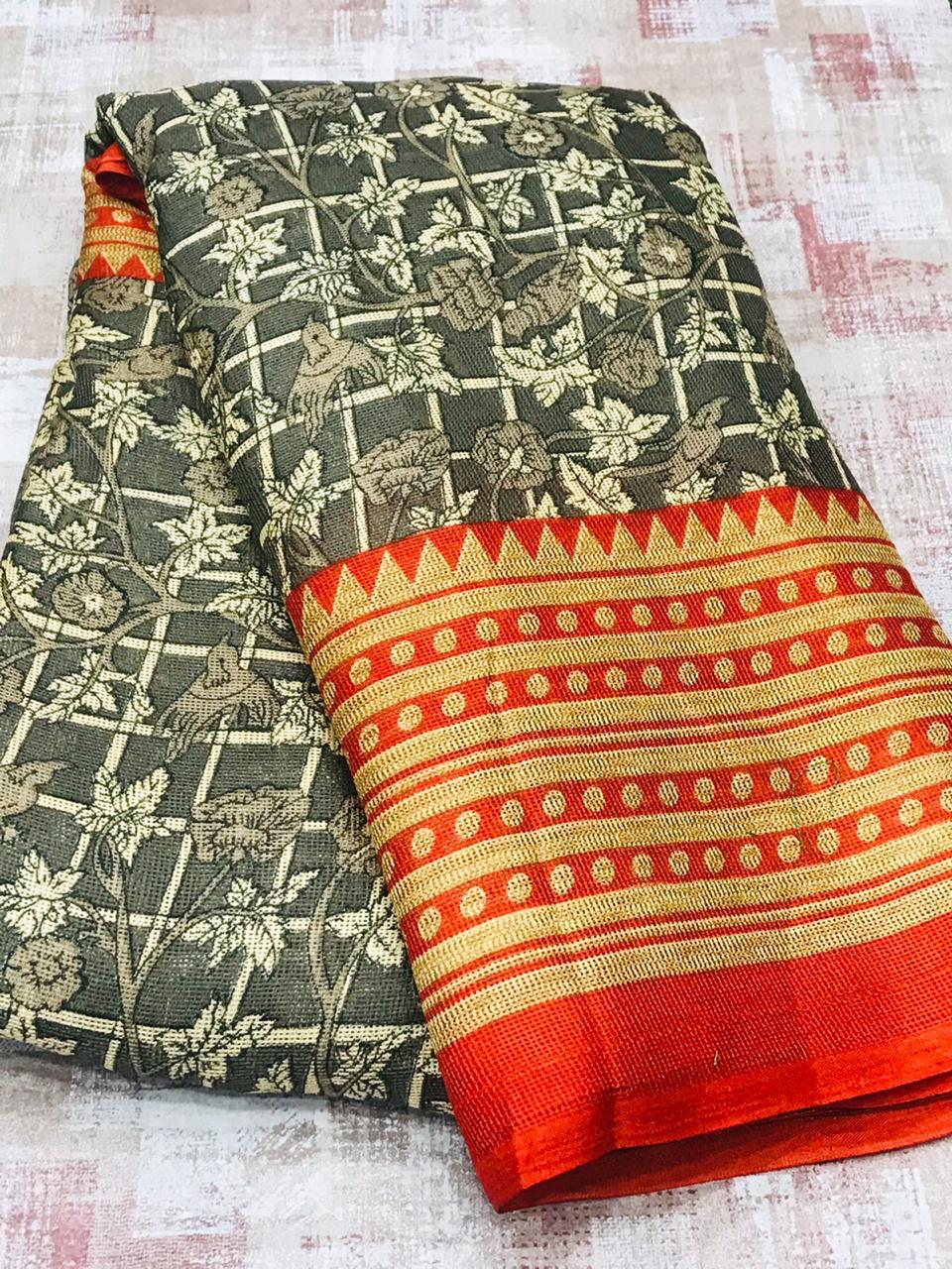 Latest Printed Jute Linen Regular Wear Sarees Collection At ...
