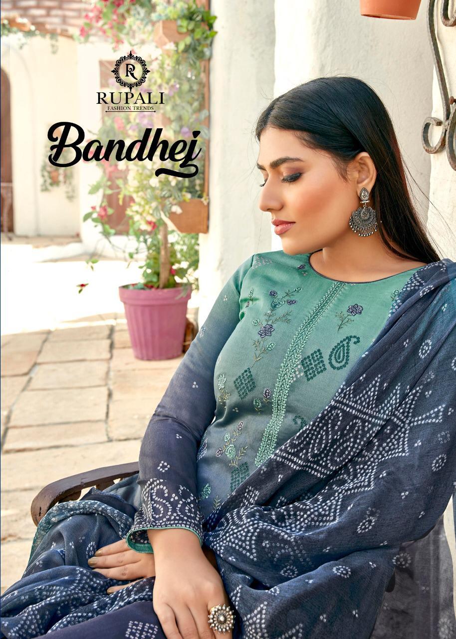 Rupali Fashion Bandhej Printed Pure Jam Satin With Embroider...