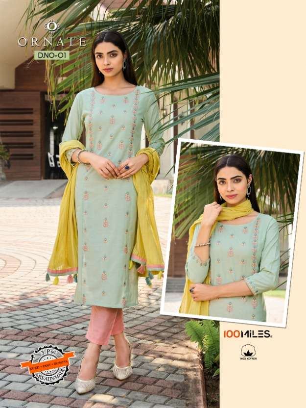100 Miles Ornate Cotton With Embroidery Work Kurti With Pant...