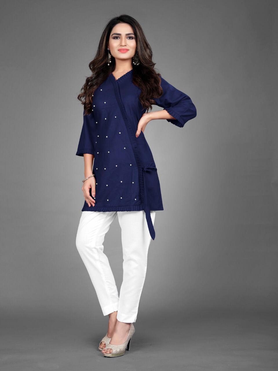 Rutba Khan Heavy Cotton Short Top With Moti Work With Pant C...