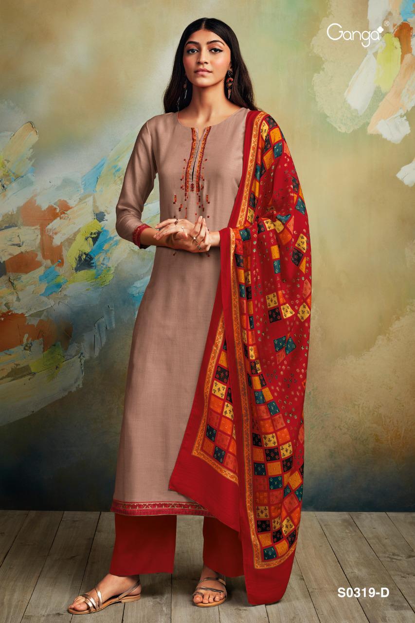 Ganga Minka Silk Cotton Satin Printed With Embroidery Work D...