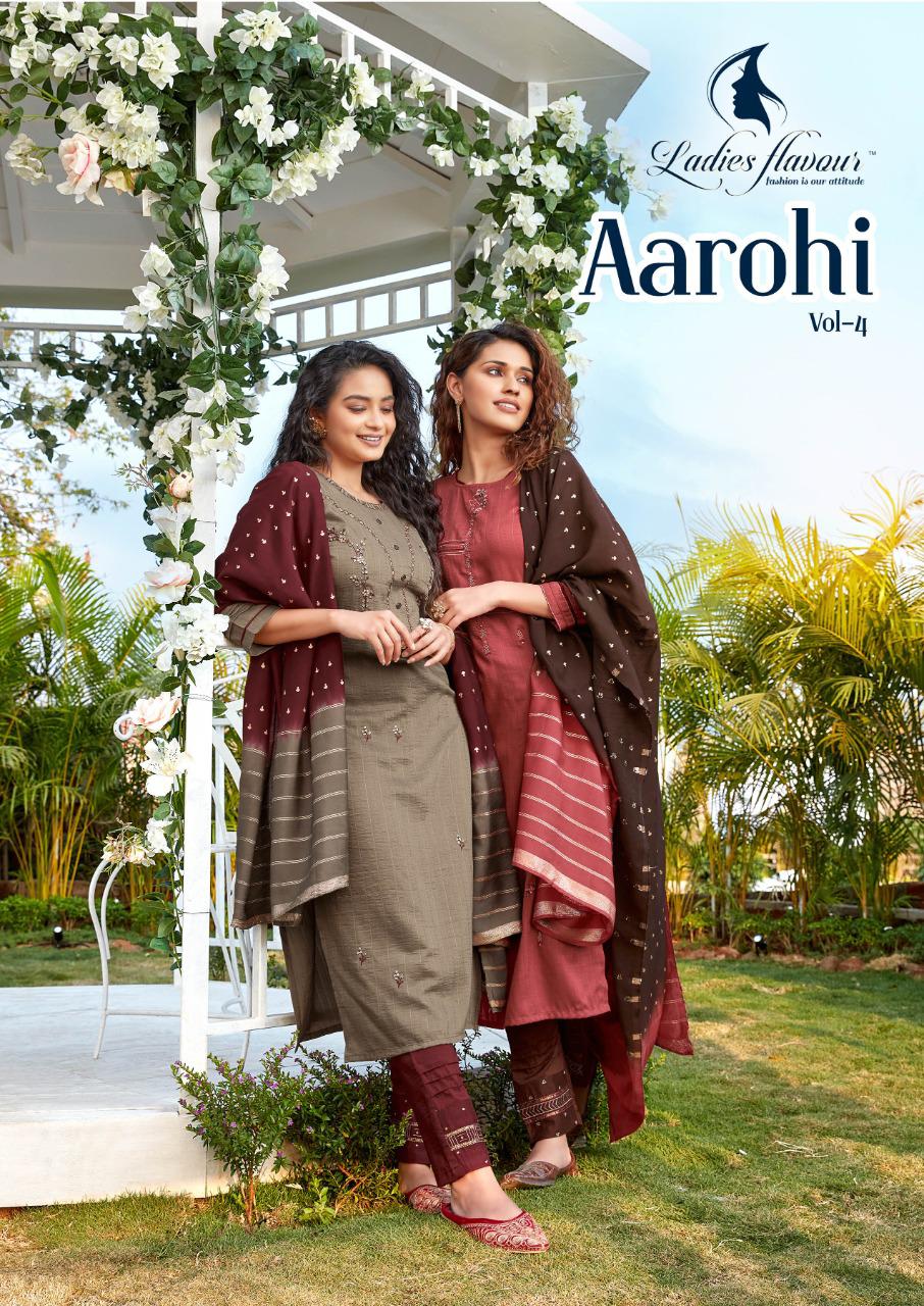Ladies Flavour Aarohi Vol 4 Chinon With Embroidery Work Kurt...