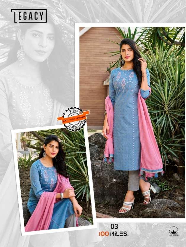 100 Miles Legacy Cotton With Embroidery Work Kurtis With Bot...