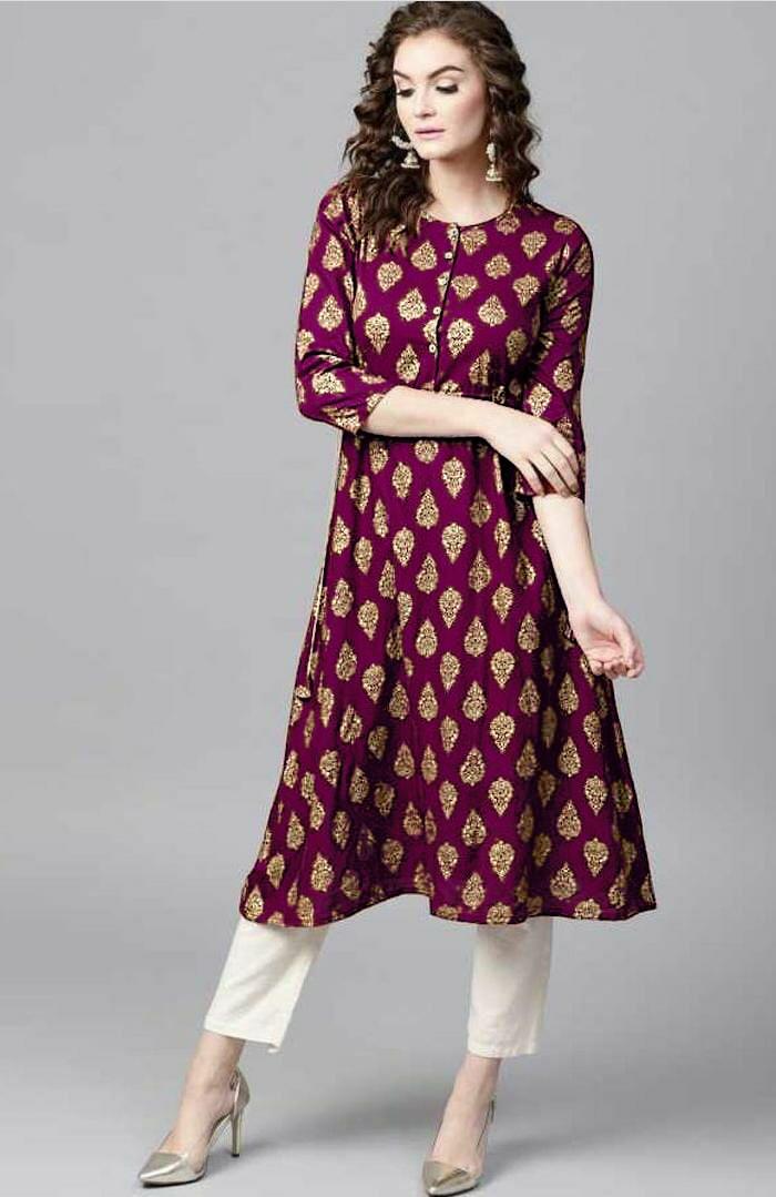 Designer Rayon Foil Print Straight Party Wear Kurtis Collect...