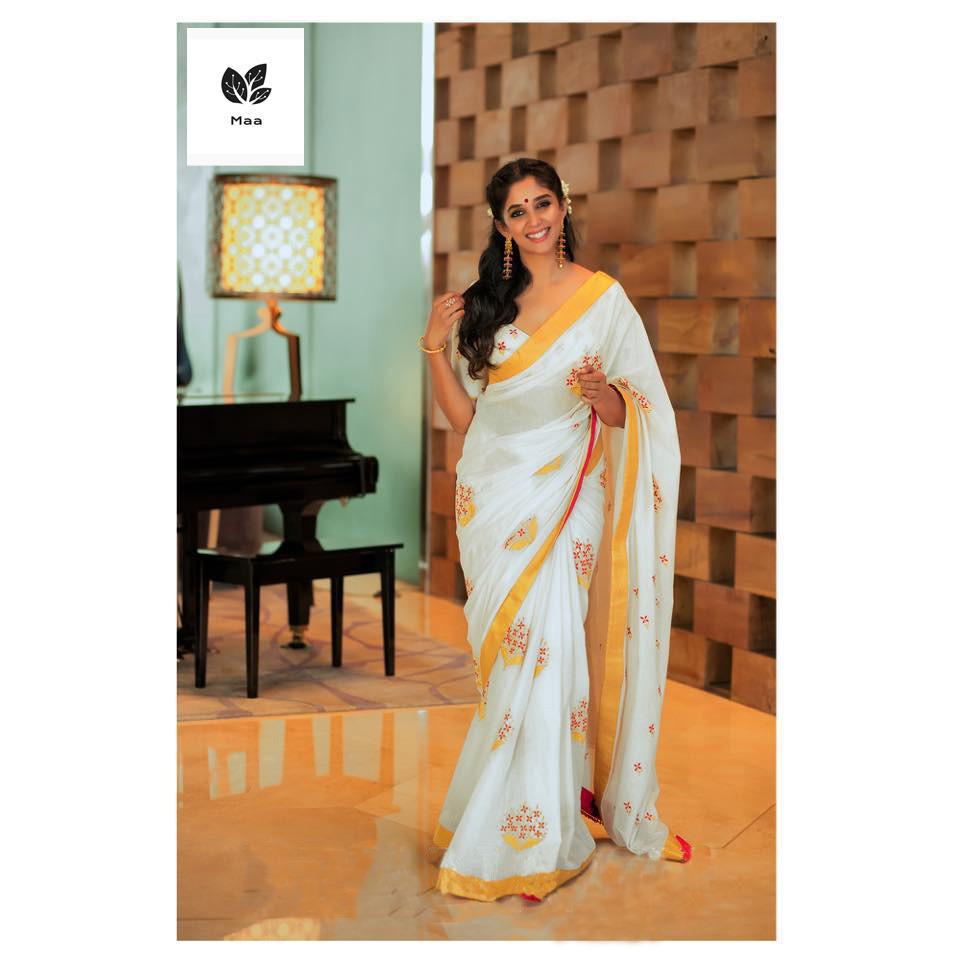 White Chanderi Cotton With Embroidery Work Sarees At Wholesa...