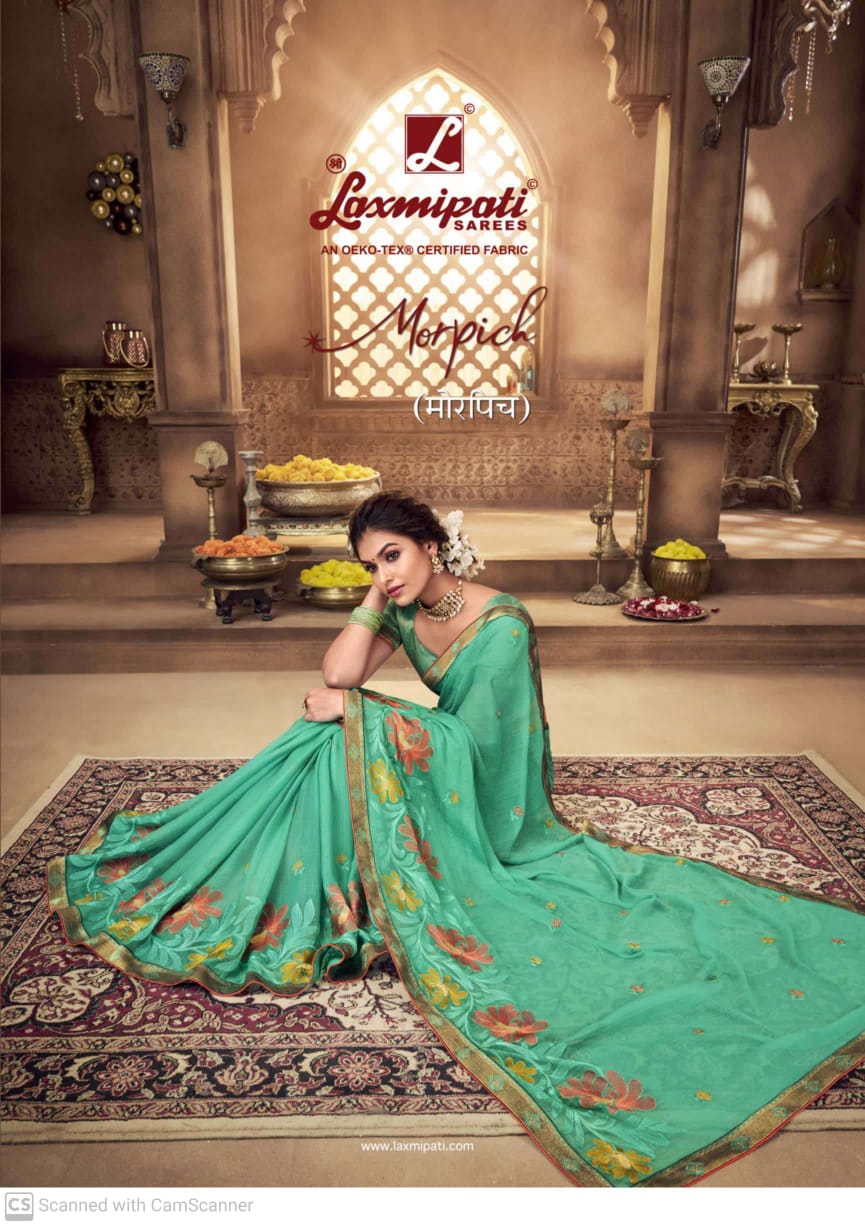 Laxmipati Morpich Fancy Embroidery Work Party Wear Sarees Co...