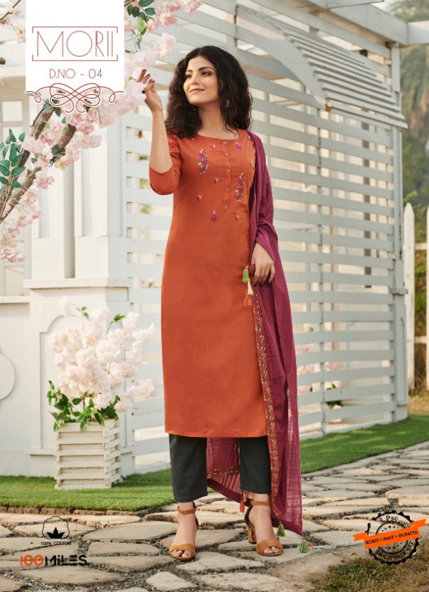 100 Miles Morii Cotton With Embroidery Work Kurti With Pant ...