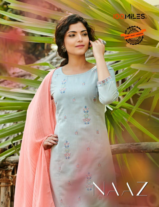 100 Miles Naaz Cotton With Embroidery Work Kurti With Bottom...