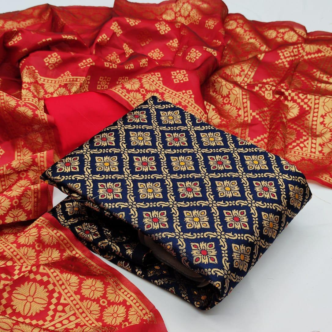 Banarasi Silk With Jacquard Weaving Dupatta Dress Material C...
