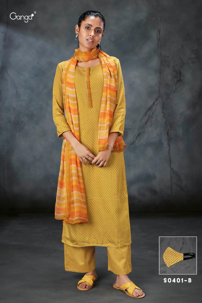 Ganga Hansa 401 Silk Cotton Printed With Embroidery Work Sal...